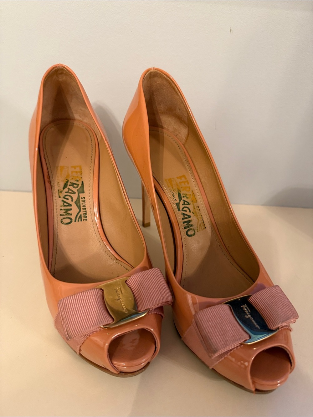 Salvatore Ferragamo Pink Patent Peep-Toe Pumps with Pink Ribbon Accent